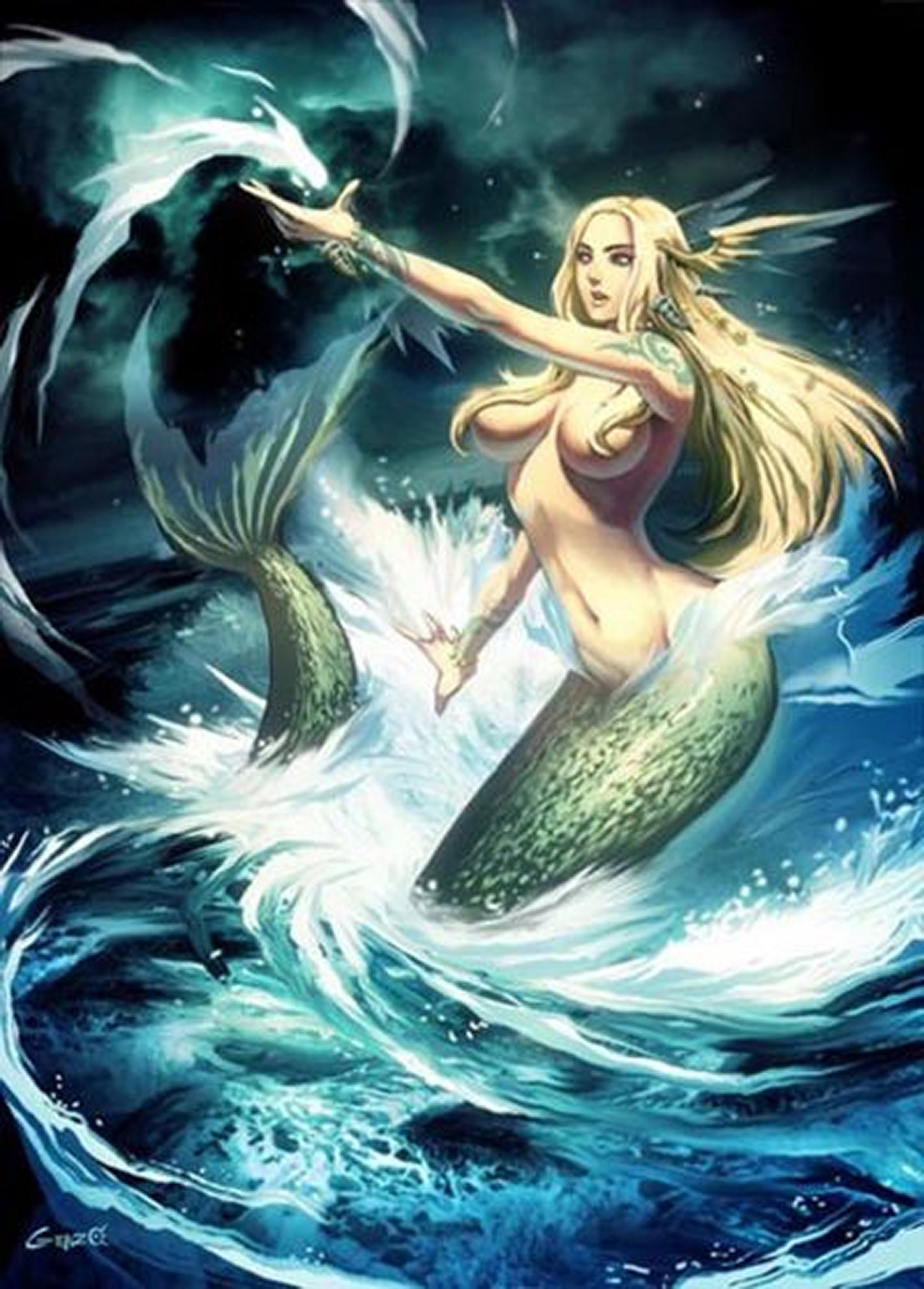 A river mermaid manipulating the water